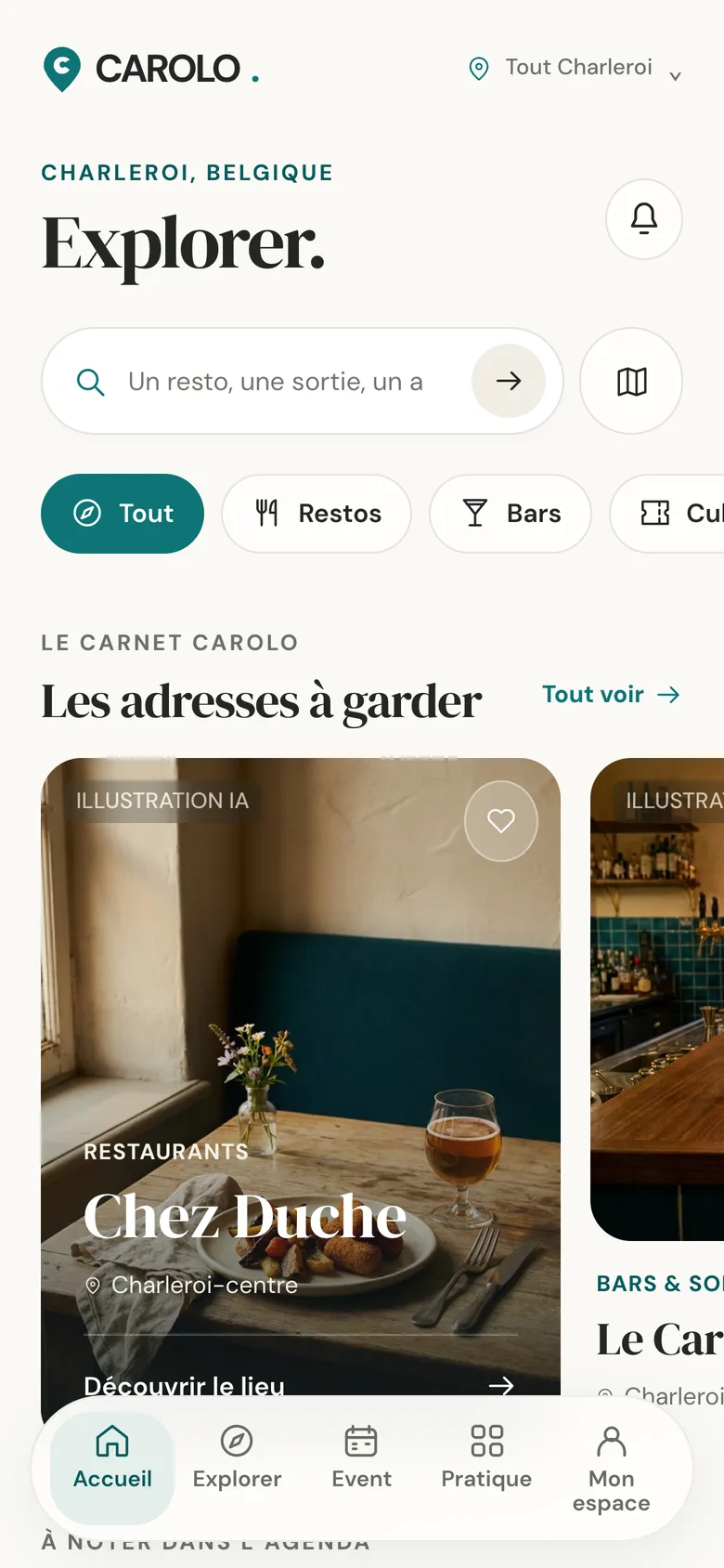 Écran d'accueil de l'app CAROLO : recherche, catégories et les adresses à garder, dont Chez Duche.